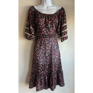 Vintage 70s JJ Dean Off Shoulder Floral Dress 12 Prairie Ruffle Cottagecore